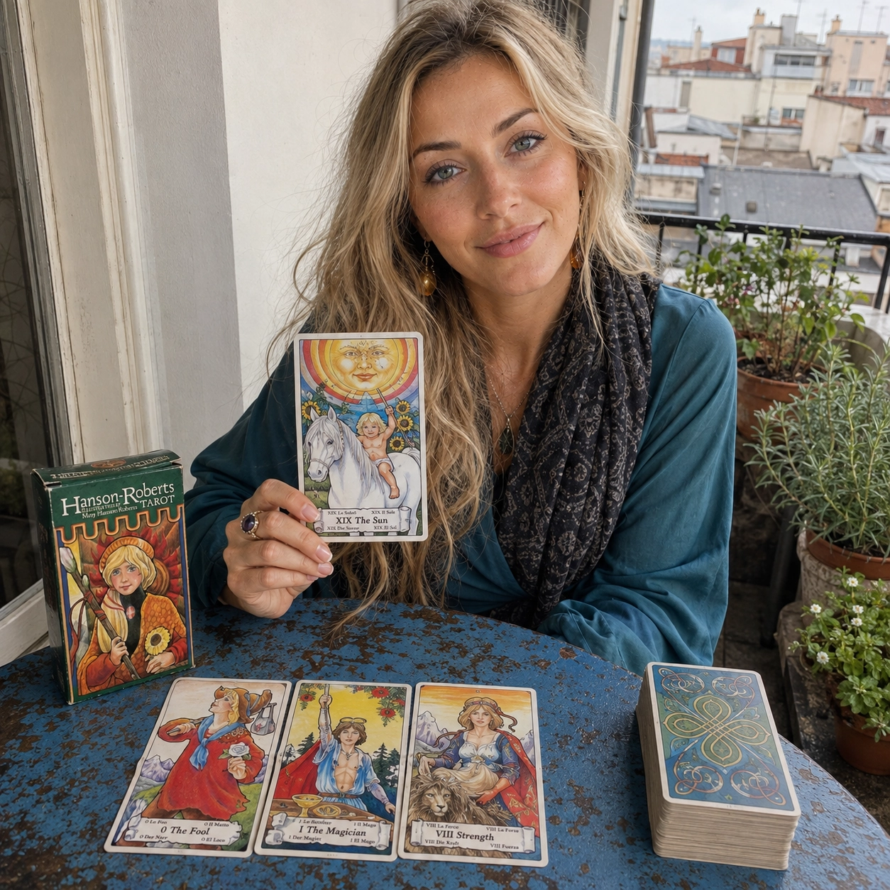 Aurica presenting The Sun from Hanson-Roberts Tarot beside its box, a three-card spread, and the stacked deck