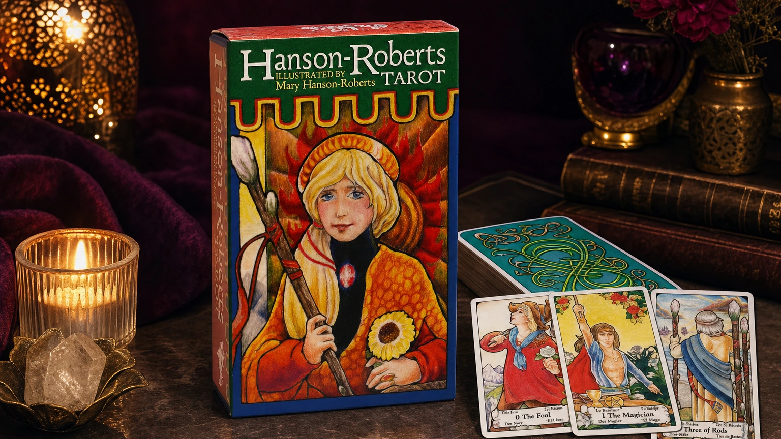 Hanson-Roberts Tarot Deck by Mary Hanson-Roberts Hanson-Roberts Tarot Deck by Mary Hanson-Roberts in a generated warm reading-room scene