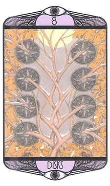 Eight of Disks card from the Hardy Tarot deck gallery