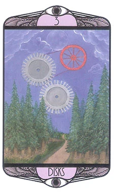 Three of Disks card from the Hardy Tarot deck gallery