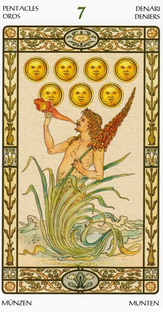 7 of Pentacles card from the Harmonious Tarot deck