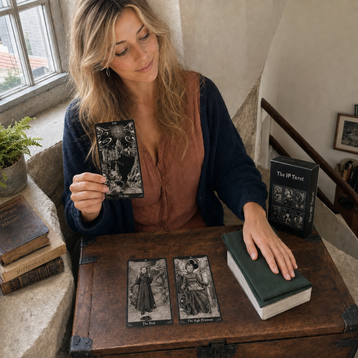 Aurica holding The Star beside The HP Tarot box, face-up cards, and a separate stacked deck