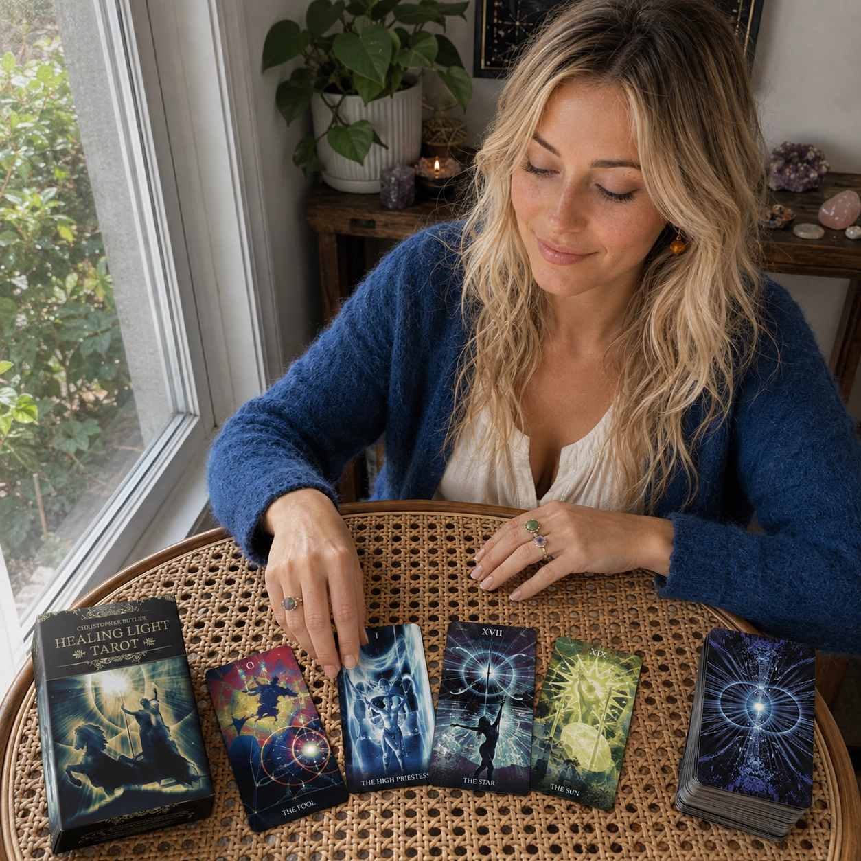 Aurica arranging Healing Light Tarot cards beside the deck box and stacked remainder deck