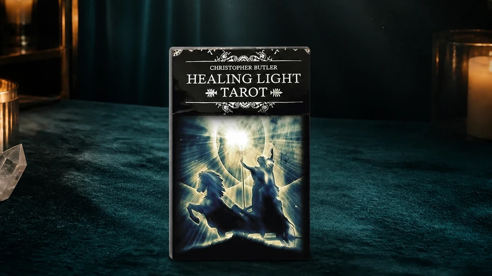 Healing Light Tarot Deck by Christopher Butler Healing Light Tarot Deck by Christopher Butler in a luminous teal-and-gold reading setting