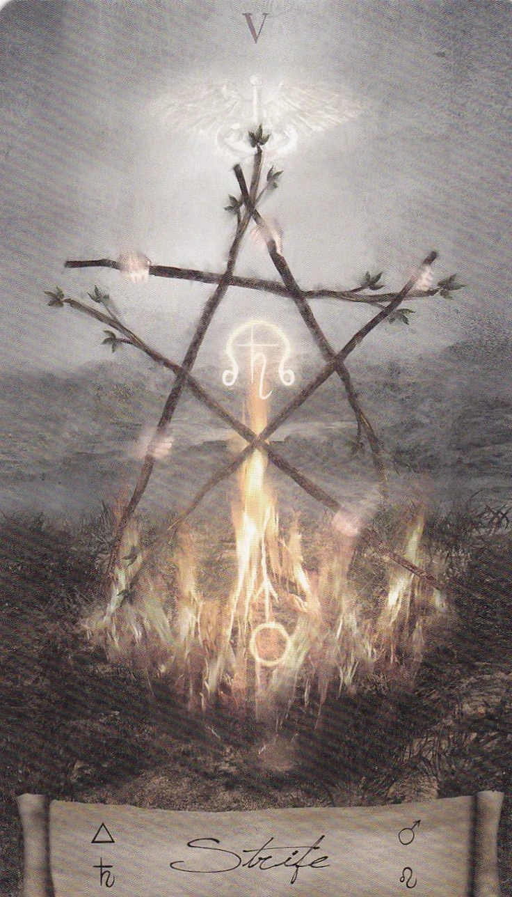 Five of Wands card from the Heaven and Earth Tarot deck