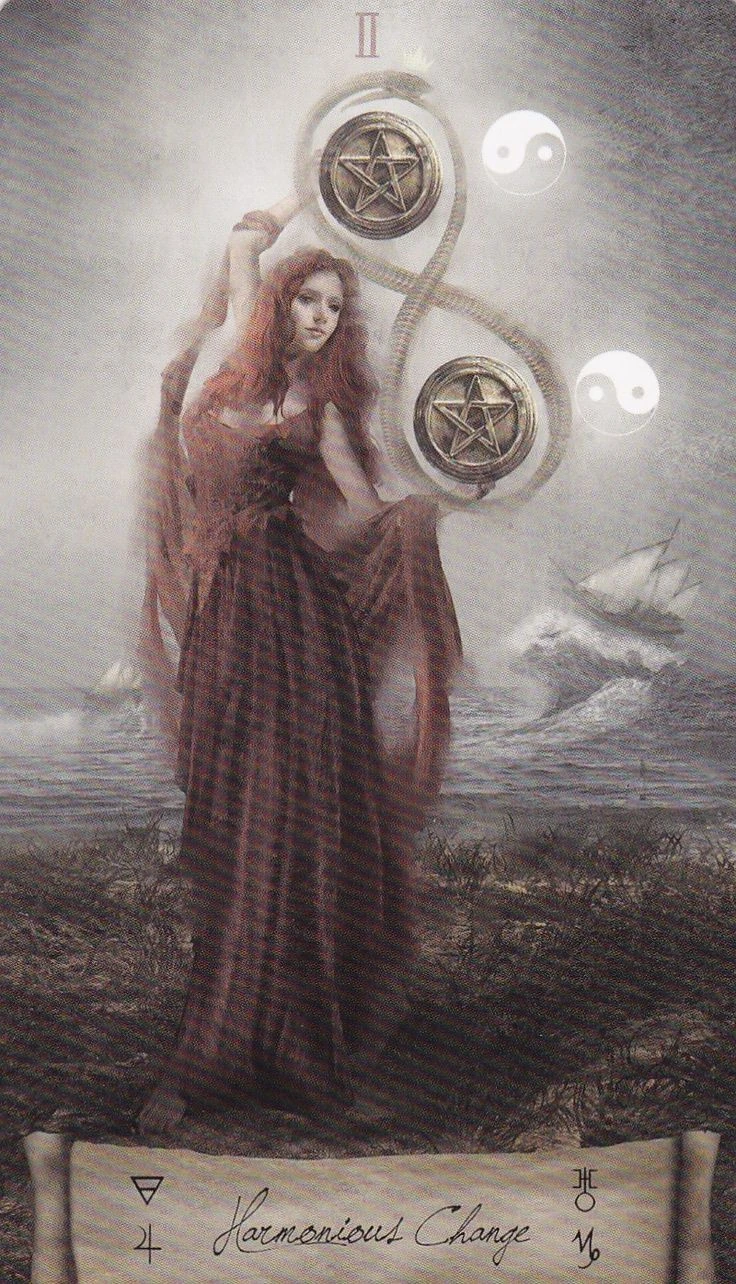 Two of Pentacles card from the Heaven and Earth Tarot deck