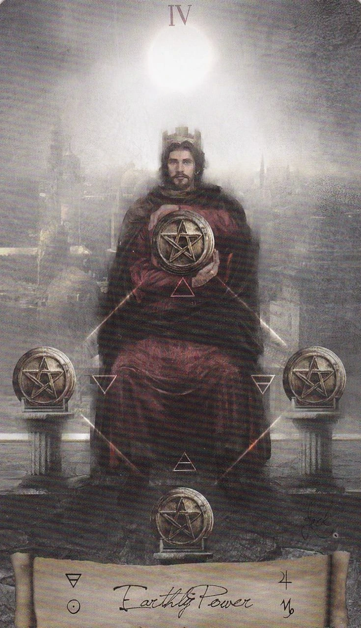 Heaven and Earth Tarot Review 14 Four of Pentacles card from the Heaven and Earth Tarot deck gallery