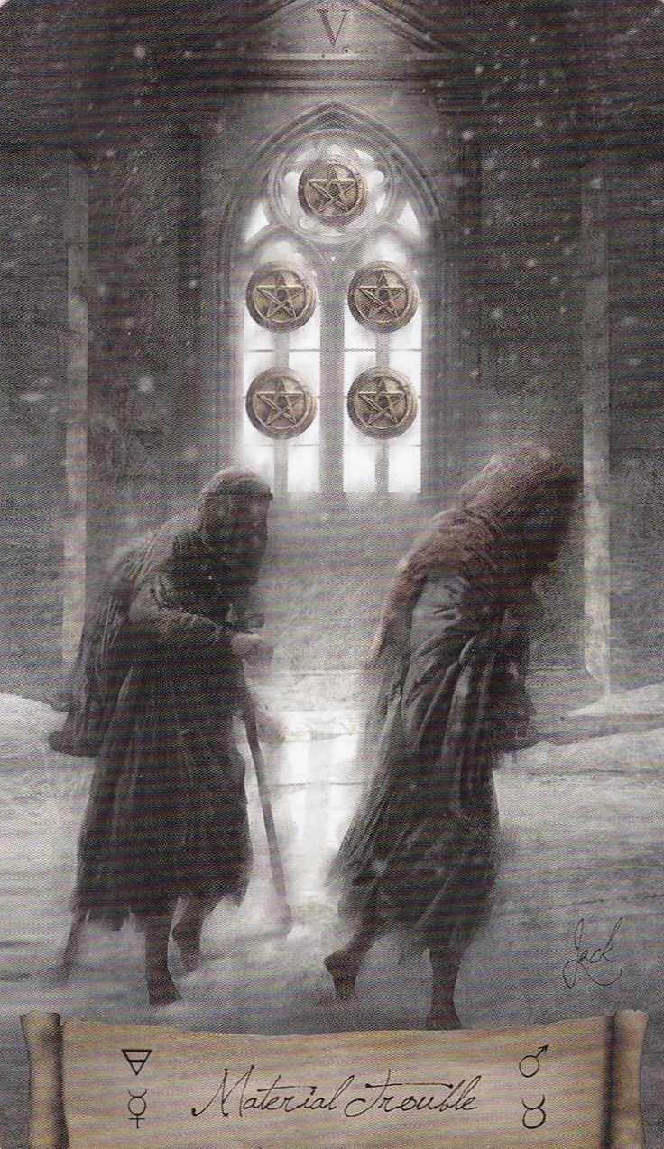 Five of Pentacles card from the Heaven and Earth Tarot deck