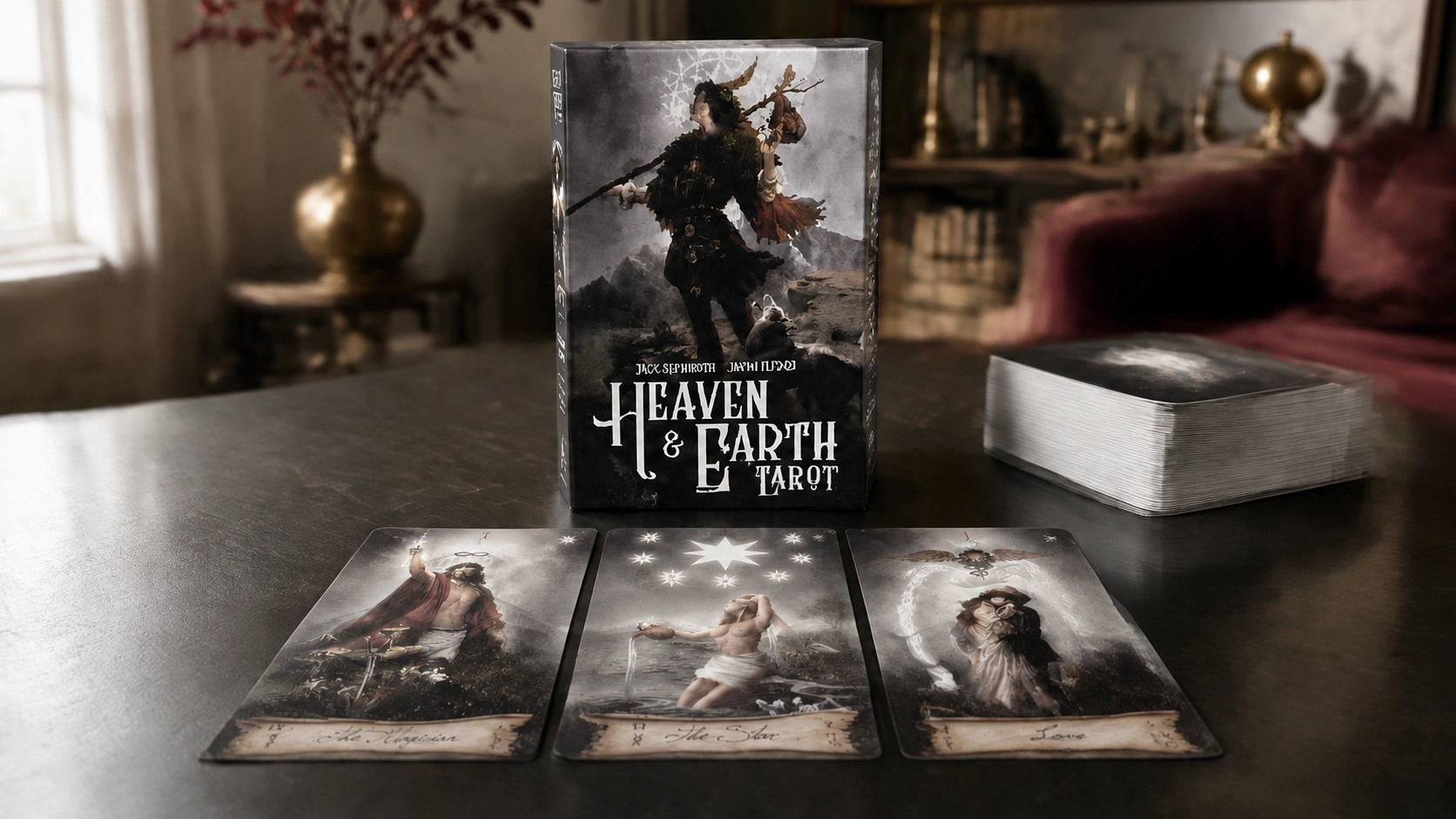 Heaven and Earth Tarot Deck by Jack Sephiroth and Jaymi Elford Heaven and Earth Tarot Deck by Jack Sephiroth and Jaymi Elford in a modern-home product scene