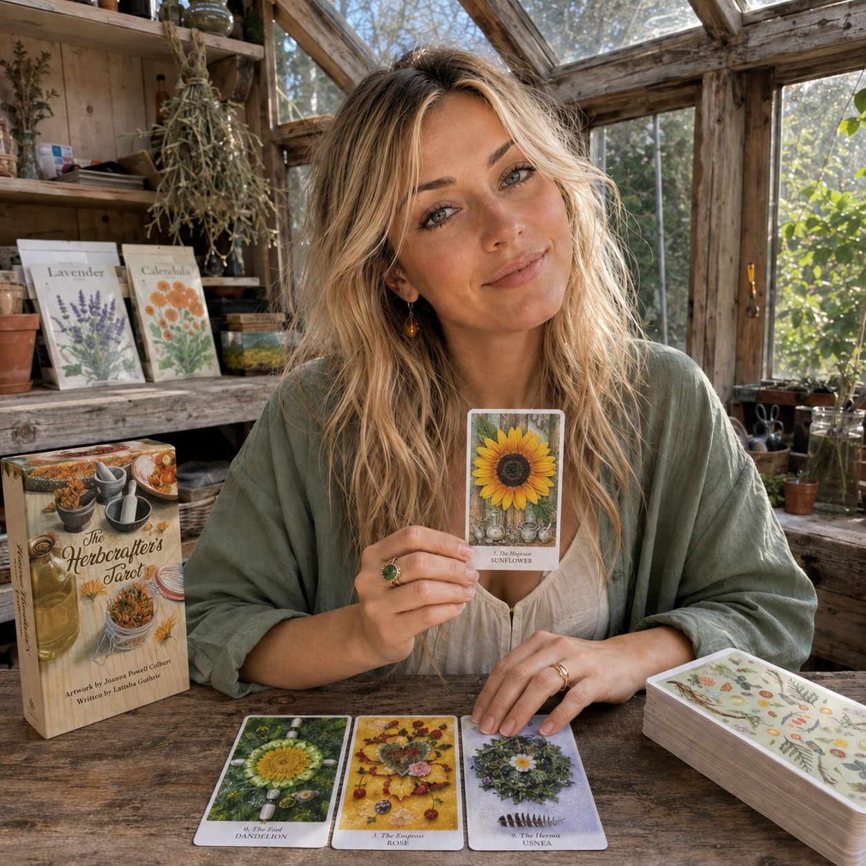 Aurica presenting The Magician from Herbcrafters Tarot beside The Fool, The Empress, The Hermit, the deck box, and stacked cards