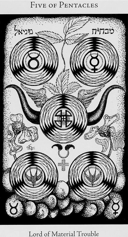 Five of Pentacles (Coins) card from the Hermetic Tarot deck