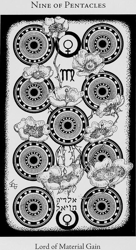 Nine of Pentacles (Coins) card from the Hermetic Tarot deck
