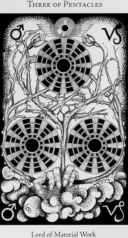 Three of Pentacles (Coins) card from the Hermetic Tarot deck