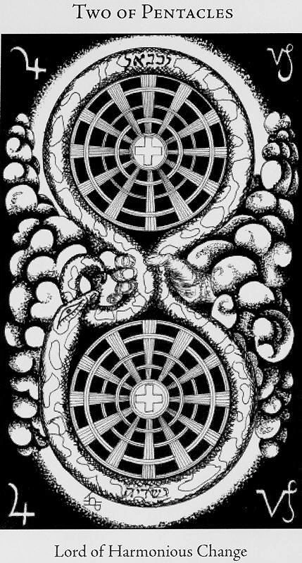 Two of Pentacles (Coins) card from the Hermetic Tarot deck