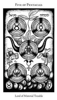 Five of Pentacles (Coins) card from the Hermetic Tarot deck