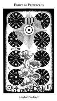 Eight of Pentacles (Coins) card from the Hermetic Tarot deck