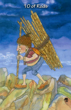 Ten of Rods card from the Hezicos Tarot deck