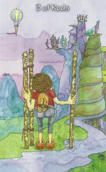 Three of Rods card from the Hezicos Tarot deck