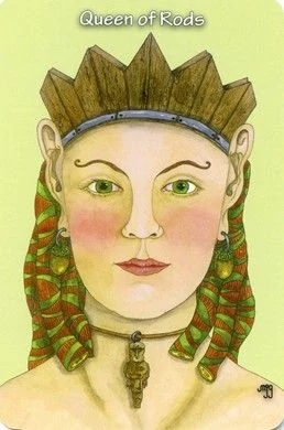 Queen of Rods card from the Hezicos Tarot deck