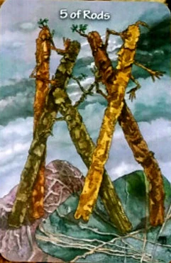 Five of Rods card from the Hezicos Tarot deck