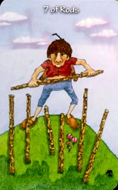 Seven of Rods card from the Hezicos Tarot deck