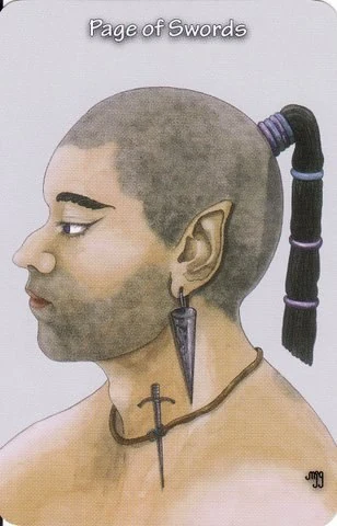Page of Swords card from the Hezicos Tarot deck