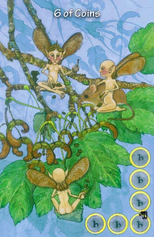 Six of Coins card from the Hezicos Tarot deck