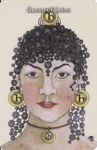 Queen of Coins card from the Hezicos Tarot deck