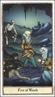 Five of Wands - Hobbit Tarot - Tarot Deck by Peter Pracownik & Terry Donaldson