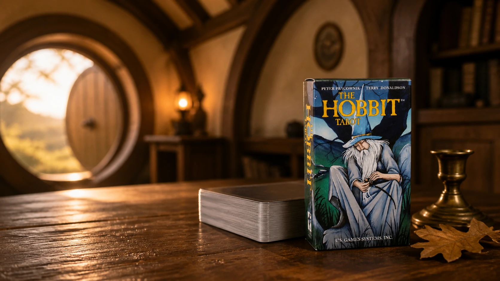 AI-generated Hobbit Tarot Deck scene based on the box by Peter Pracownik and Terry Donaldson in a warm round-door reading room