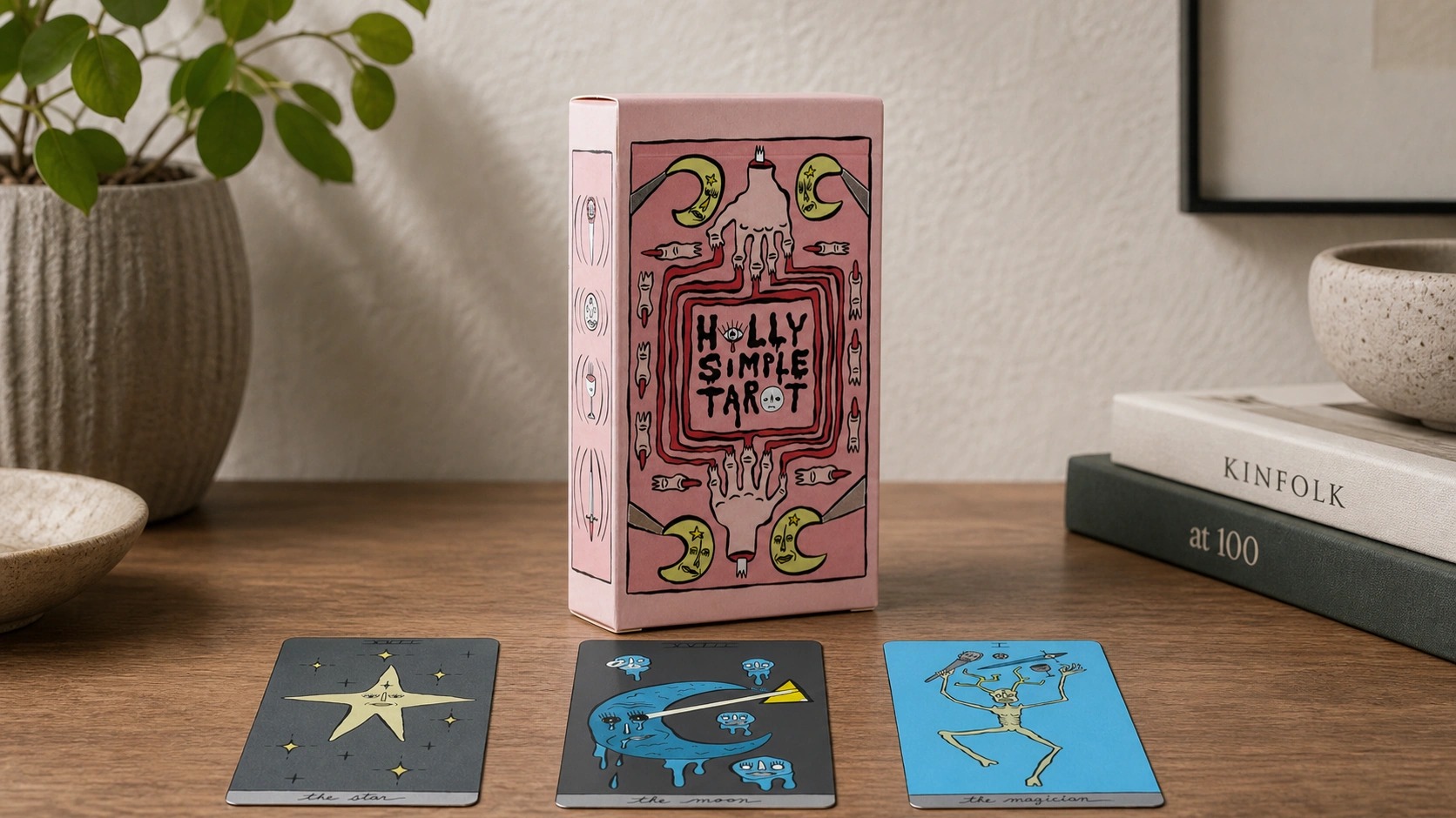Holly Simple Tarot Deck by Holly Simple, with The Star, The Moon, and The Magician in a modern home
