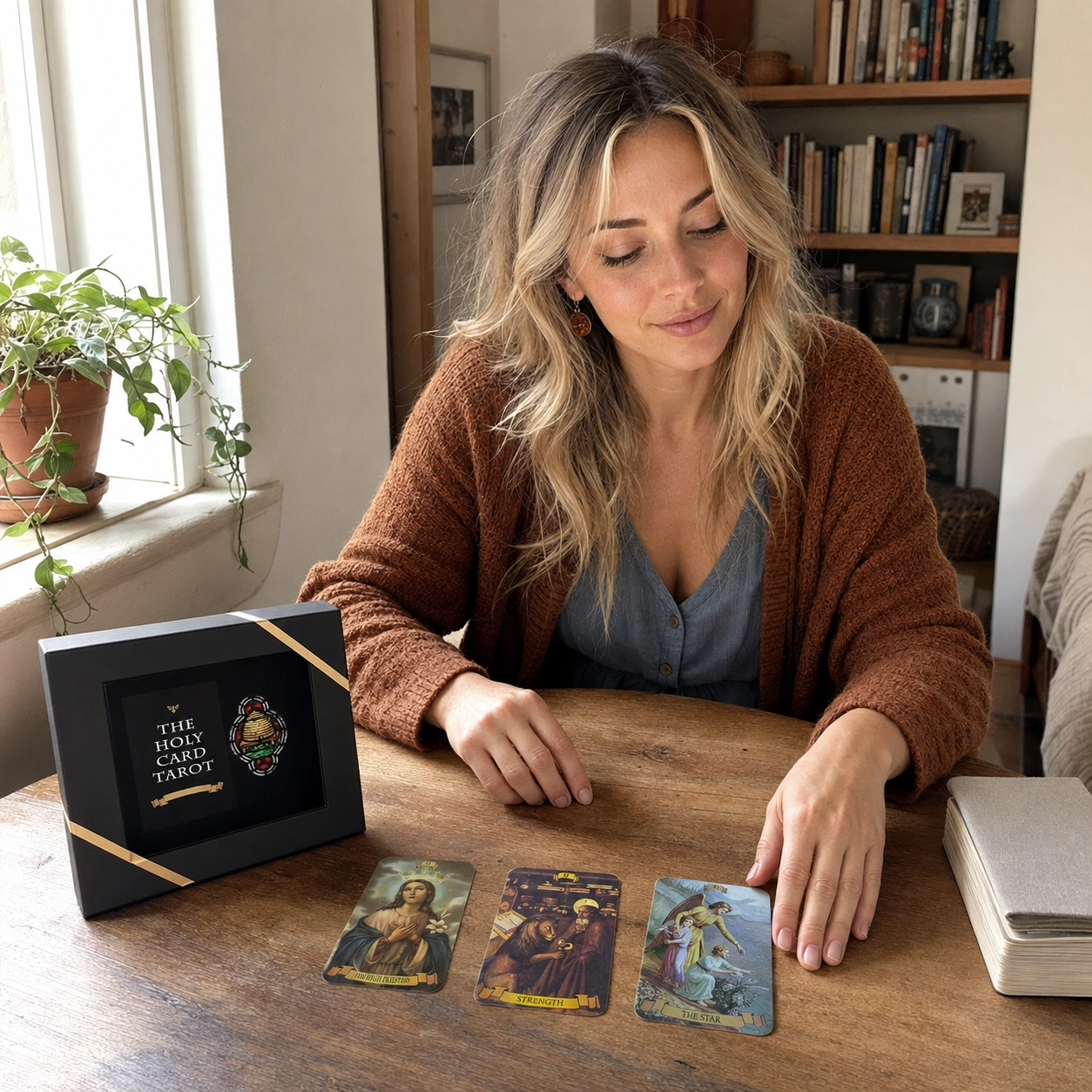 Aurica arranging Holy Card Tarot cards beside the black deck box and a separate stacked deck