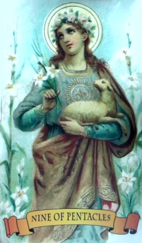 Nine of Pentacles card from the Holy Card Tarot deck