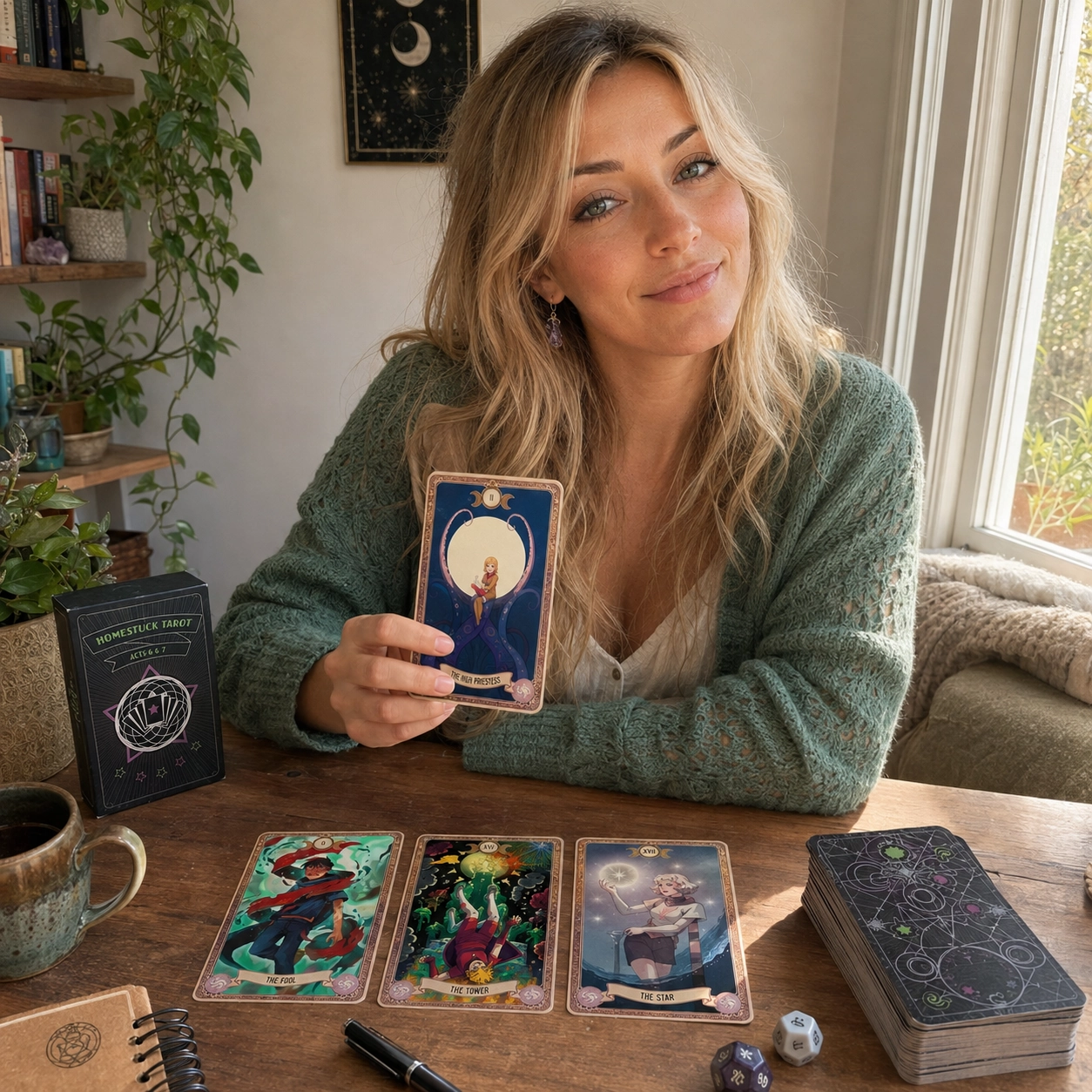 Aurica presenting The High Priestess from Homestuck Tarot beside its box, a three-card spread, and the stacked deck