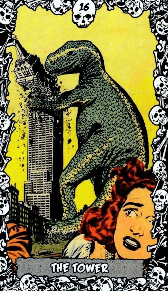 The Tower card from the The Horror Comic Tarot deck