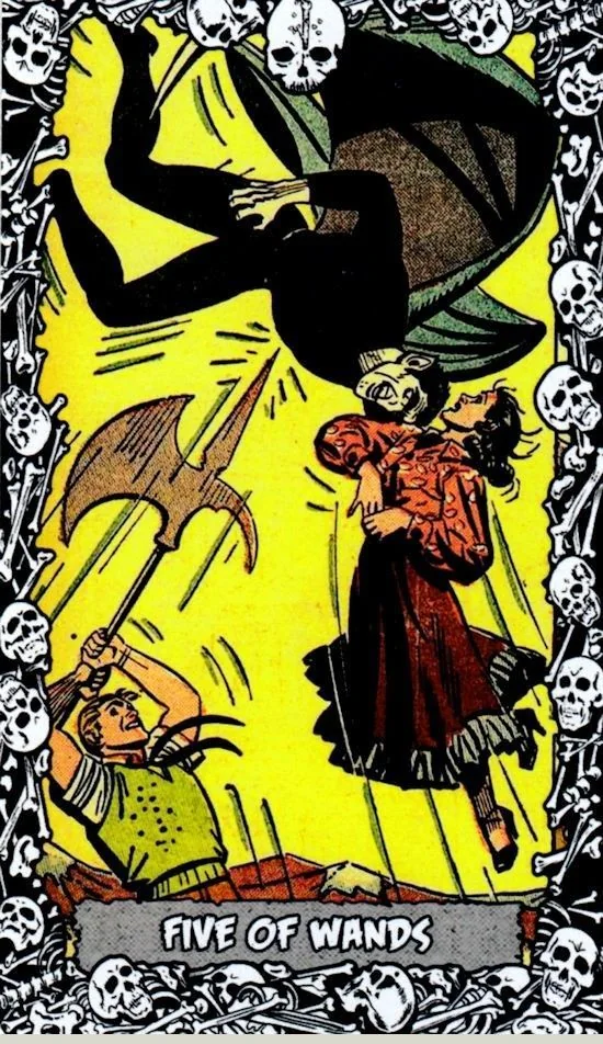 5 of Wands card from the The Horror Comic Tarot deck