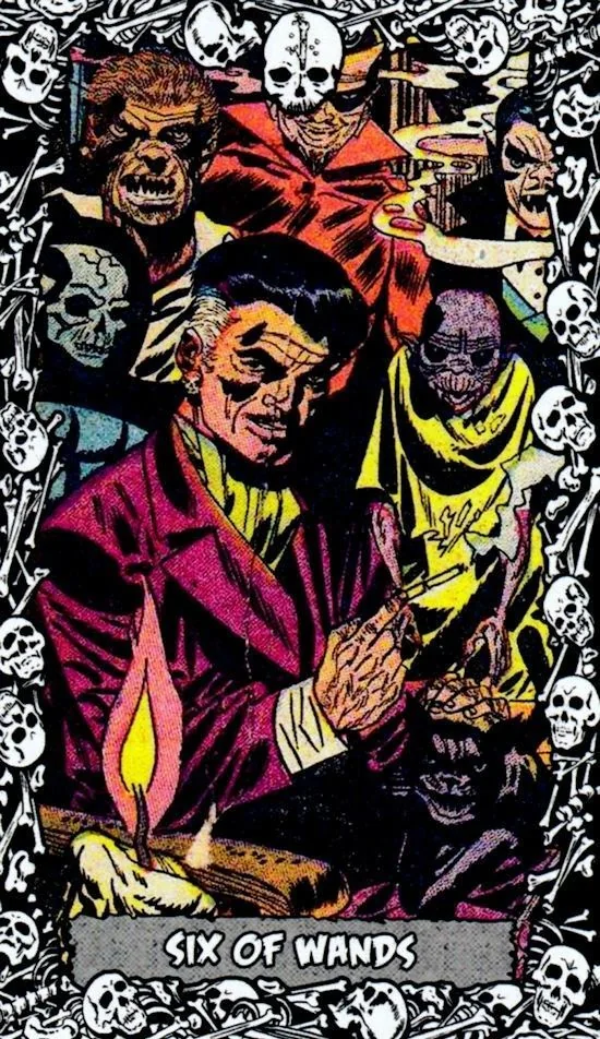6 of Wands card from the The Horror Comic Tarot deck