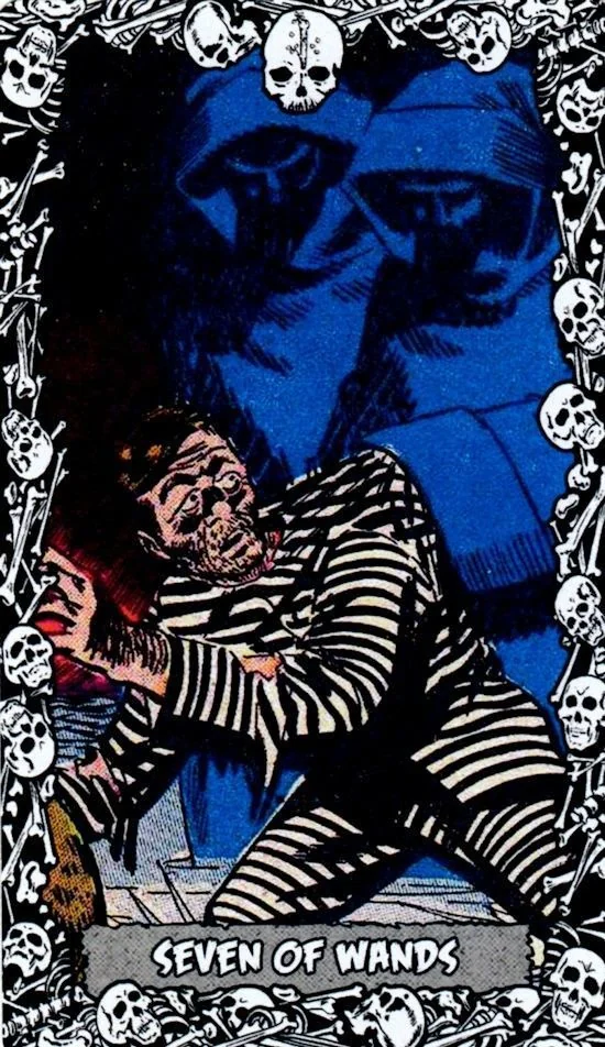 7 of Wands card from the The Horror Comic Tarot deck