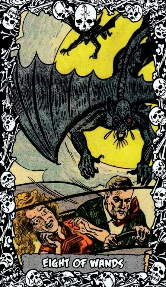 8 of Wands card from the The Horror Comic Tarot deck