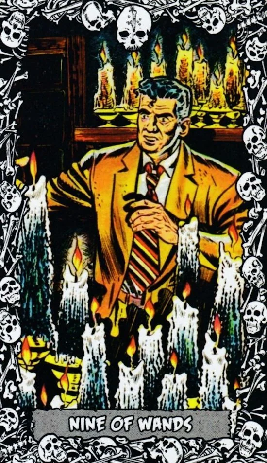 9 of Wands card from the The Horror Comic Tarot deck
