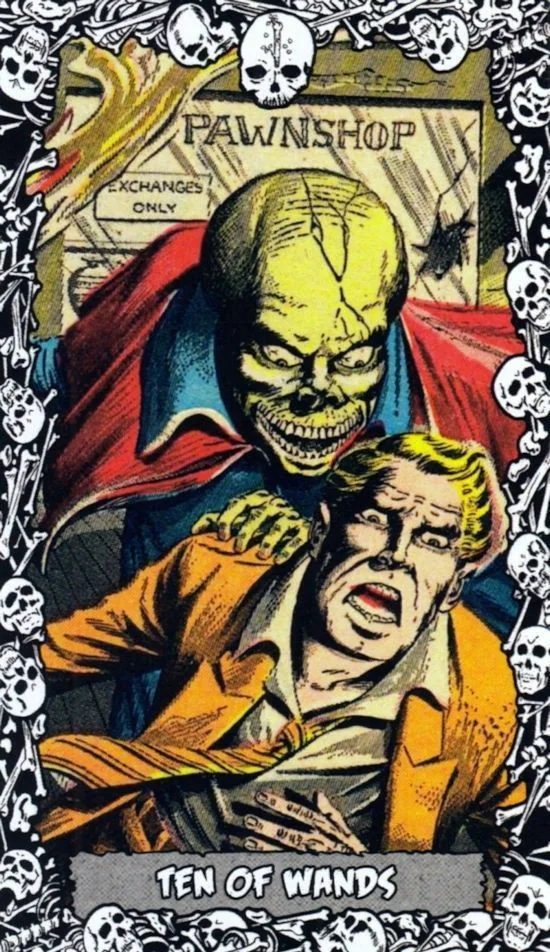 10 of Wands card from the The Horror Comic Tarot deck