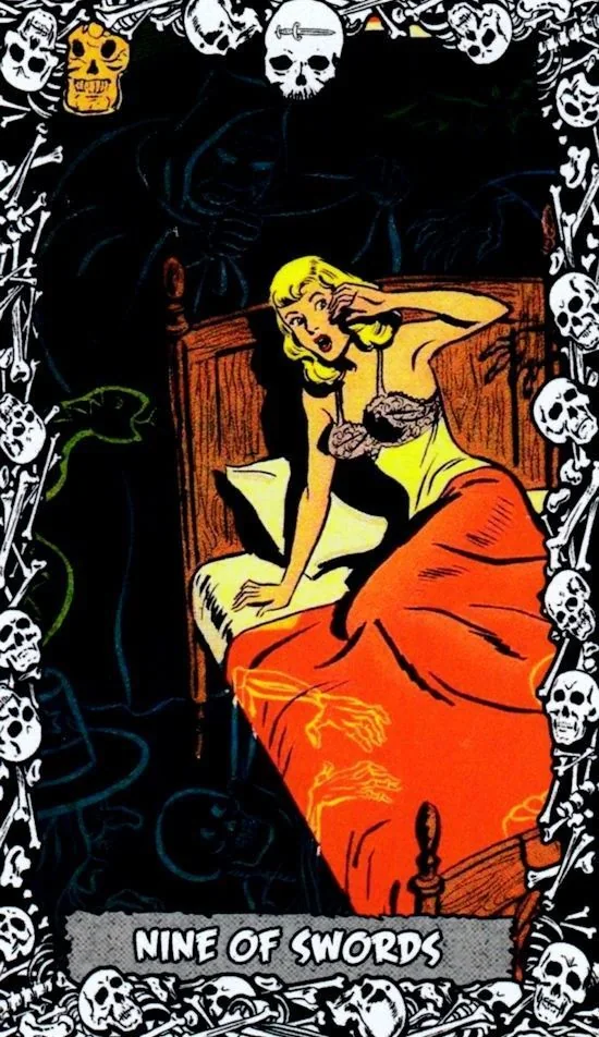 9 of Swords card from the The Horror Comic Tarot deck