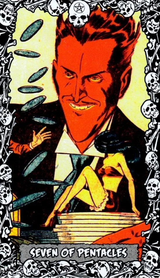 7 of Pentacles card from the The Horror Comic Tarot deck