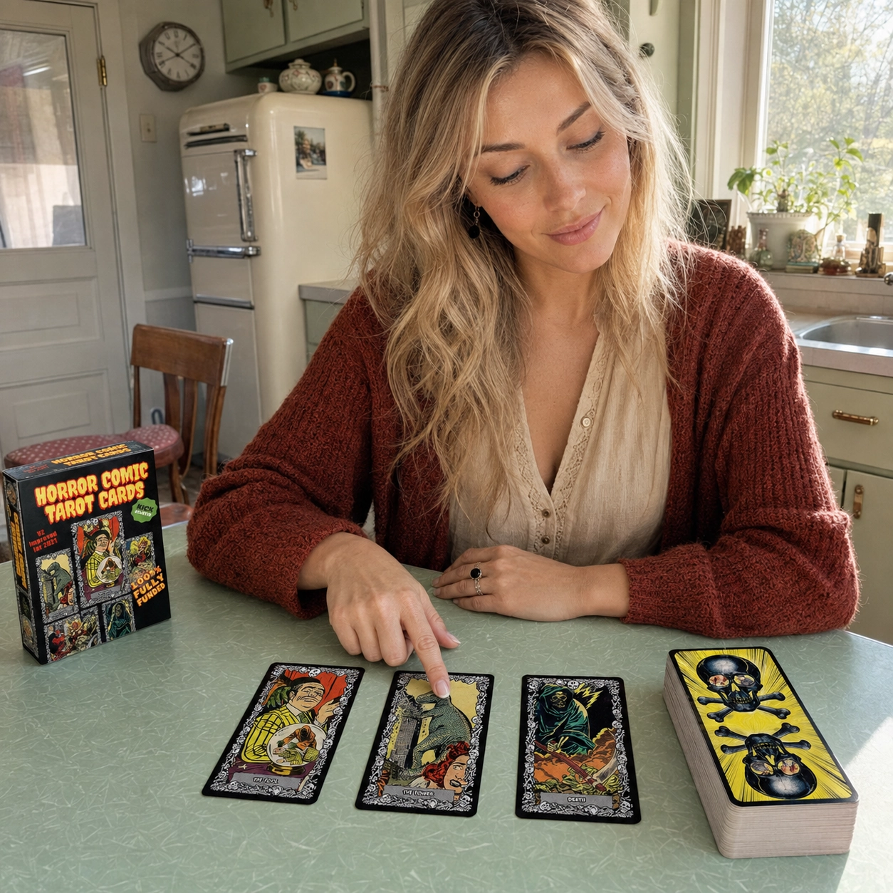 Aurica reading The Fool, The Tower, and Death with The Horror Comic Tarot box and stacked deck