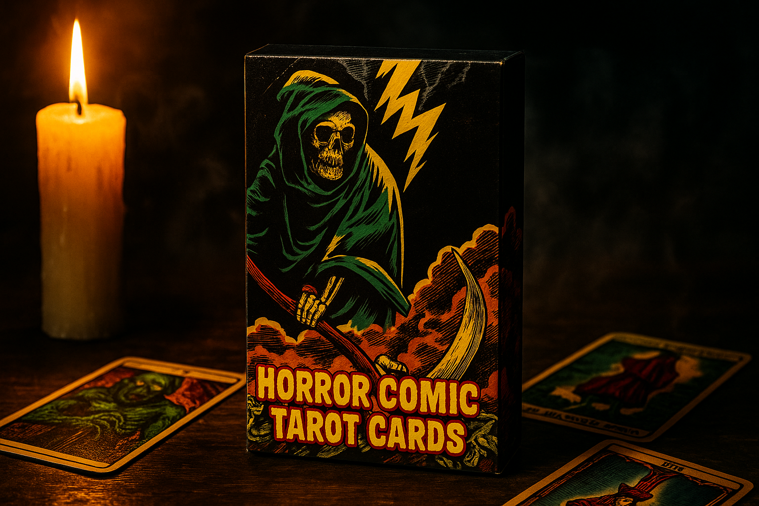 The Horror Comic Tarot final CTA card-table image The Horror Comic Tarot final CTA card-table image