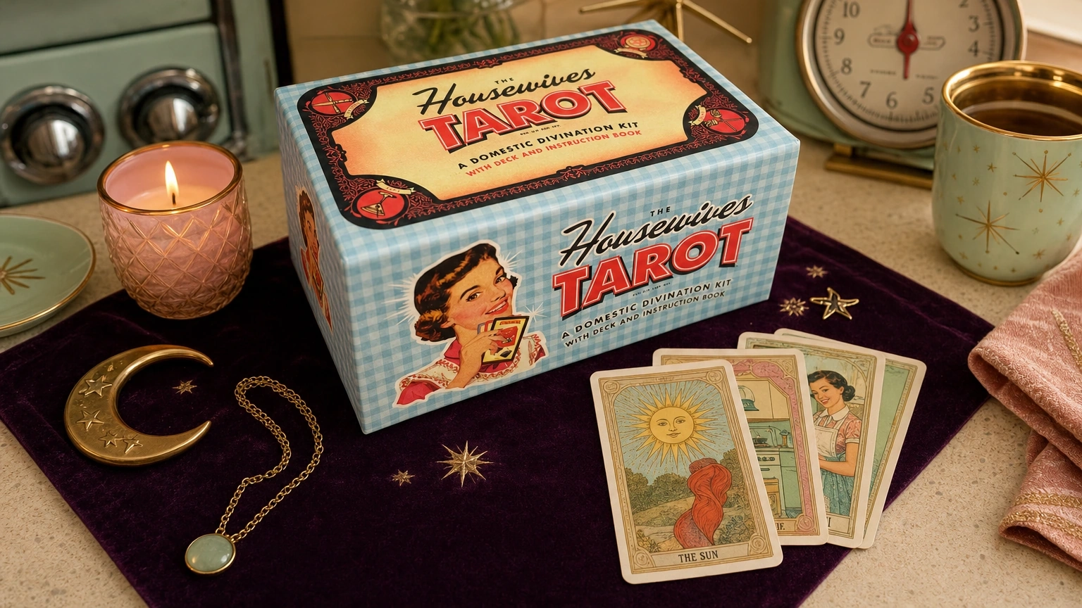 Housewives Tarot Deck by Paul Kepple and Jude Buffum in a retro kitchen reading scene