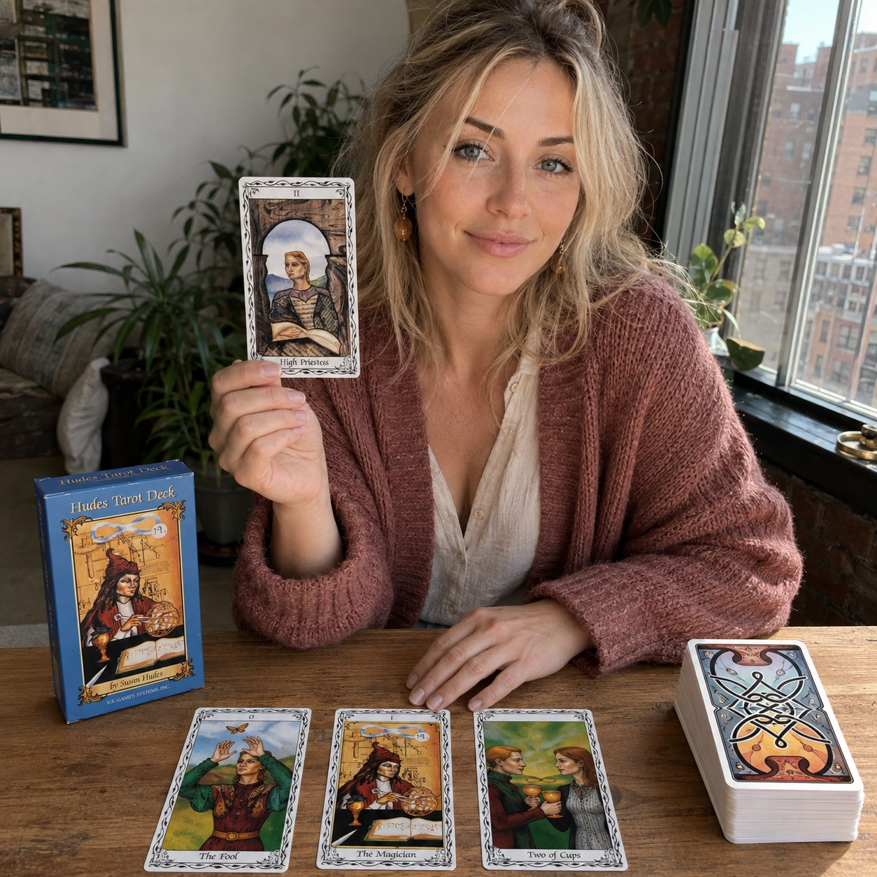 Aurica presenting the High Priestess from Hudes Tarot beside its blue box, face-up spread, and stacked deck