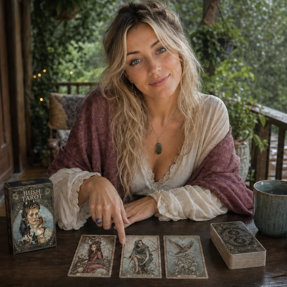 Aurica reading Hush Tarot on a rain-washed porch with the deck box, three cards and a separate stack