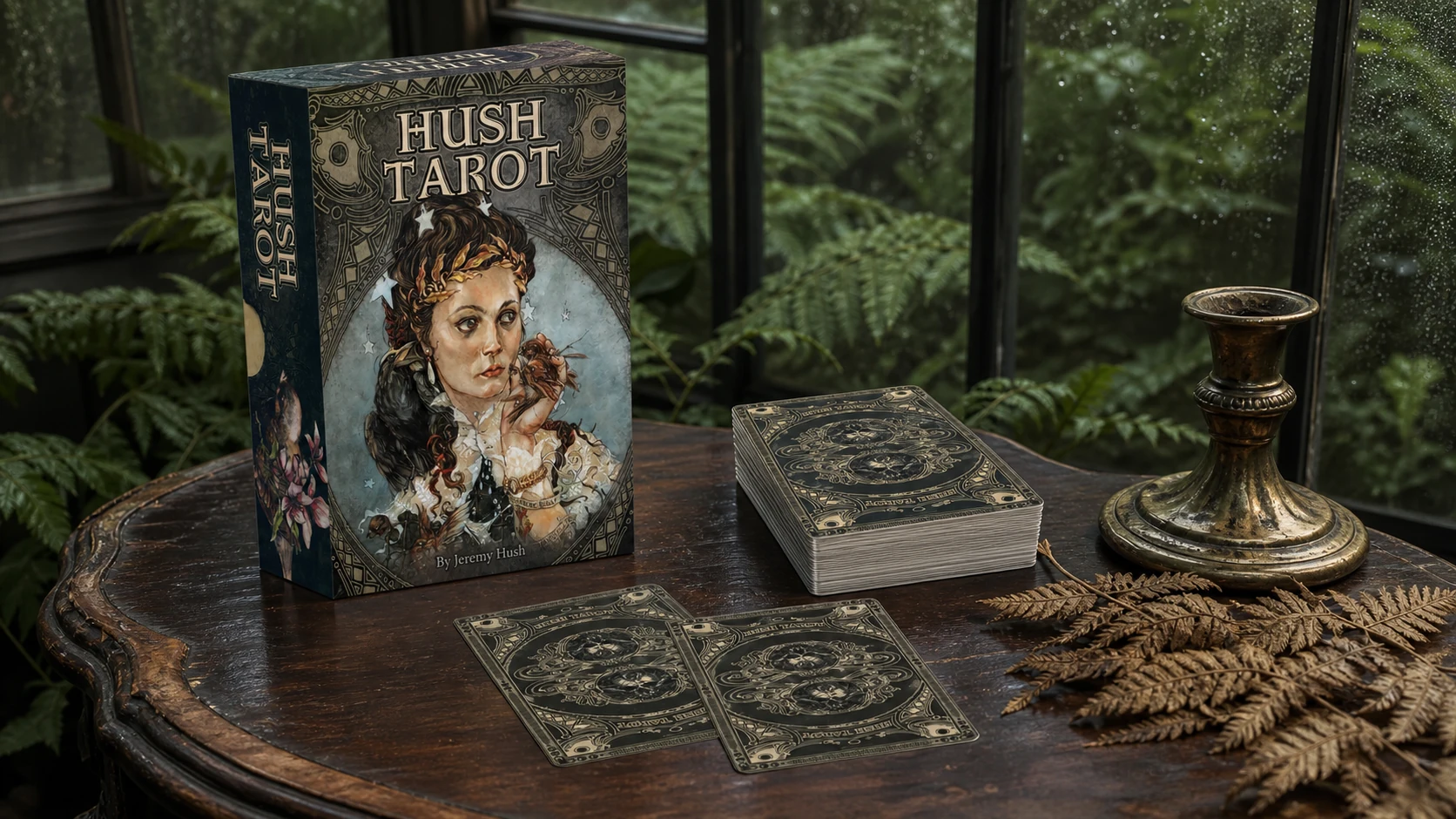 Hush Tarot Deck by Jeremy Hush with its box and black-and-gold card backs on an antique wooden table