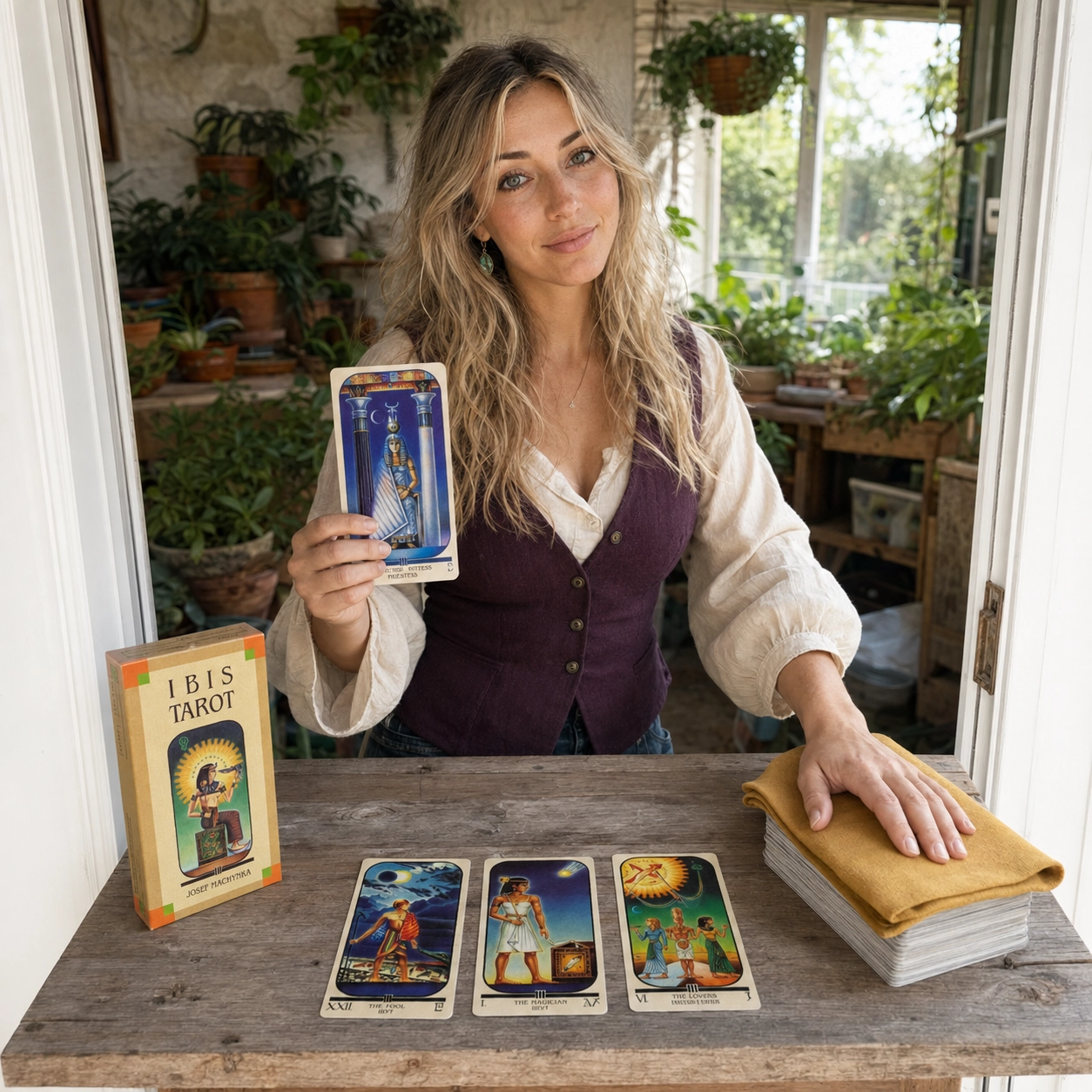 Aurica presenting The High Priestess beside the Ibis Tarot box, three-card spread, and stacked deck